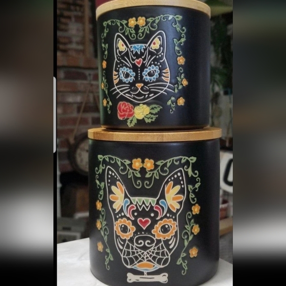 inHomestylez Day of the Dead Dog Cat canister cellar wooden wood lid set eli ana - Picture 4 of 8